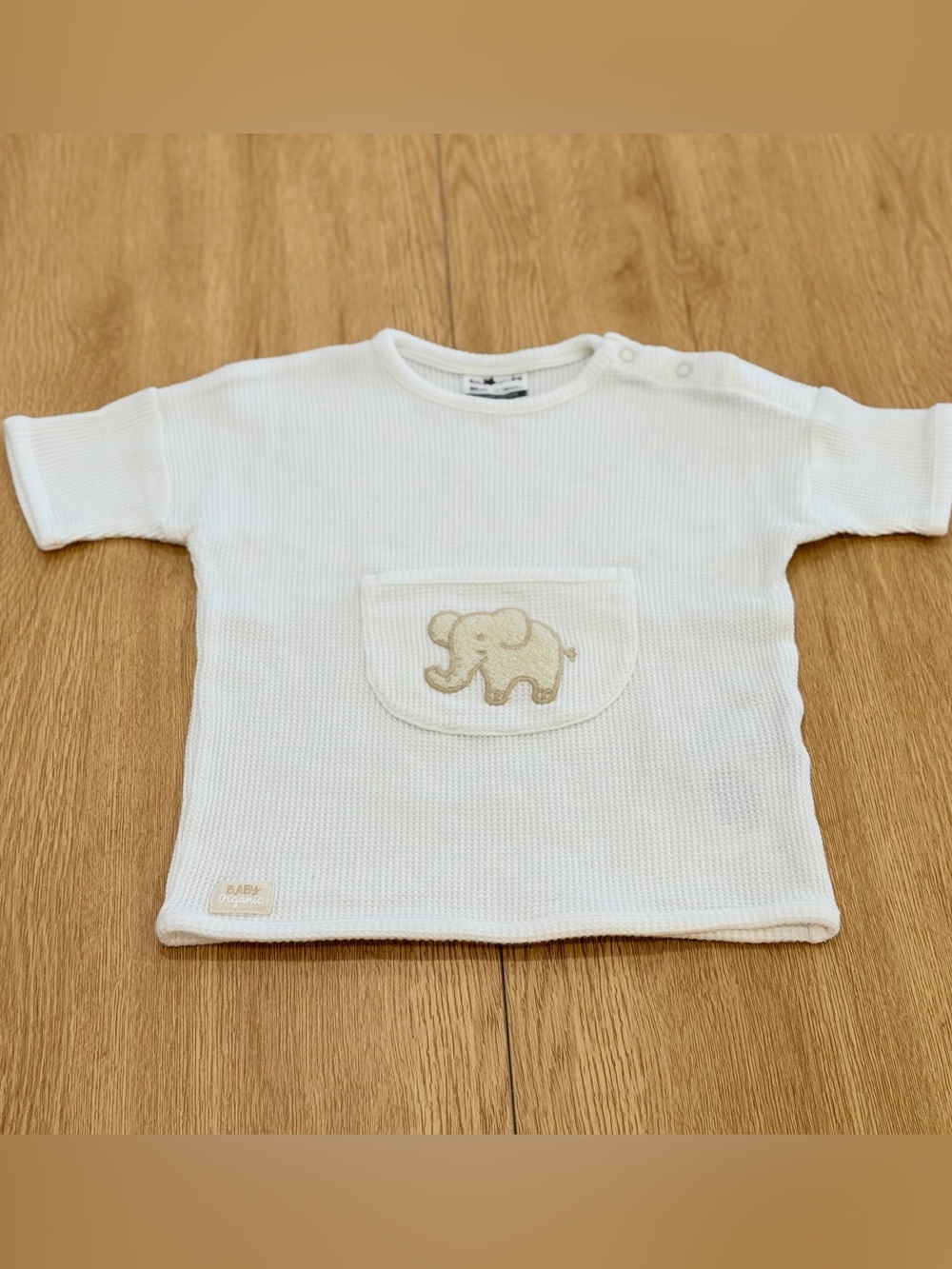 Cream Waffle-Knit Baby Top with Elephant Pocket